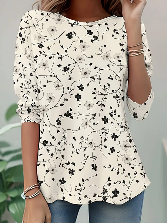 Women's Long Sleeve T-shirt Spring/Fall Apricot Floral Printing Jersey Crew Neck Daily Going Out Casual Top