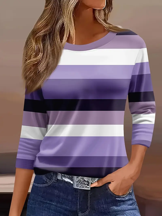 Women's Three Quarter Sleeve T-shirt Spring/Fall Purple Striped Crew Neck Daily Going Out Casual Top