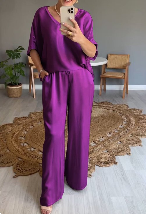 Women's Split Joint Plain Daily Going Out Two-Piece Set Purple Casual Summer Top With Pants Matching Set