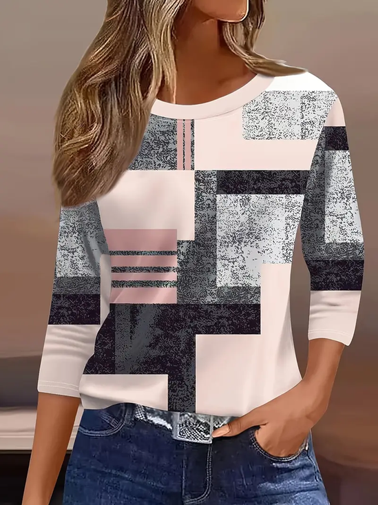 Women's Three Quarter Sleeve T-shirt Spring/Fall Pink Geometric Crew Neck Daily Going Out Casual Top