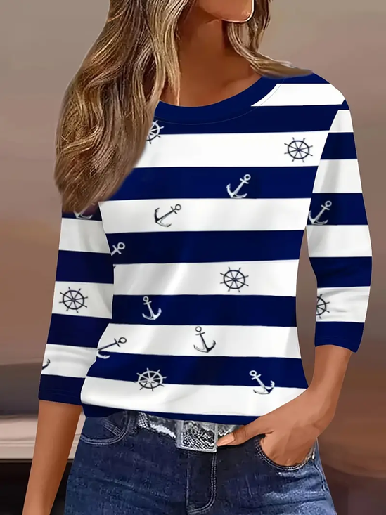 Women's Three Quarter Sleeve T-shirt Spring/Fall Purplish blue Striped Crew Neck Daily Going Out Casual Top