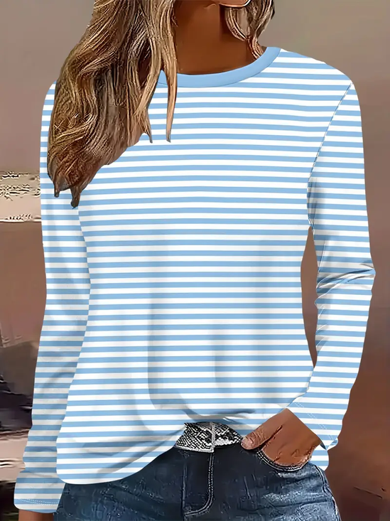 Women's Long Sleeve T-shirt Spring/Fall Blue Striped Printing Jersey Crew Neck Daily Going Out Casual Top