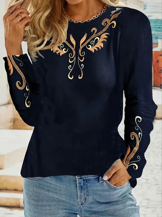 Women's Long Sleeve T-shirt Spring/Fall Black Ethnic Printing Jersey Crew Neck Daily Going Out Casual Top