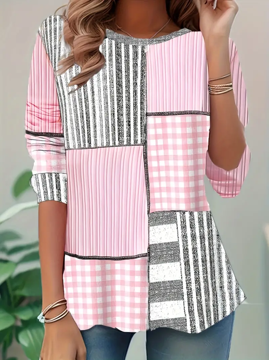 Women's Long Sleeve T-shirt Spring/Fall Pink Striped Printing Jersey Crew Neck Daily Going Out Casual Top