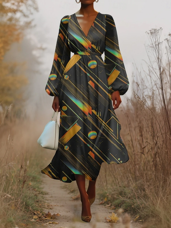 V Neck Regular Fit Sexy Puff Sleeve Multicolor Block Dress