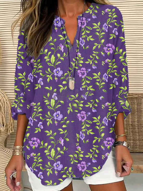 Women's Long Sleeve Blouse Spring/Fall Purple Floral Printing Cotton-Blend V Neck Daily Going Out Casual Top