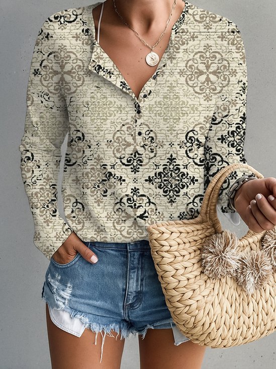 Women's Long Sleeve T-shirt Spring/Fall Color1 Geometric Printing V Neck Daily Going Out Casual Top