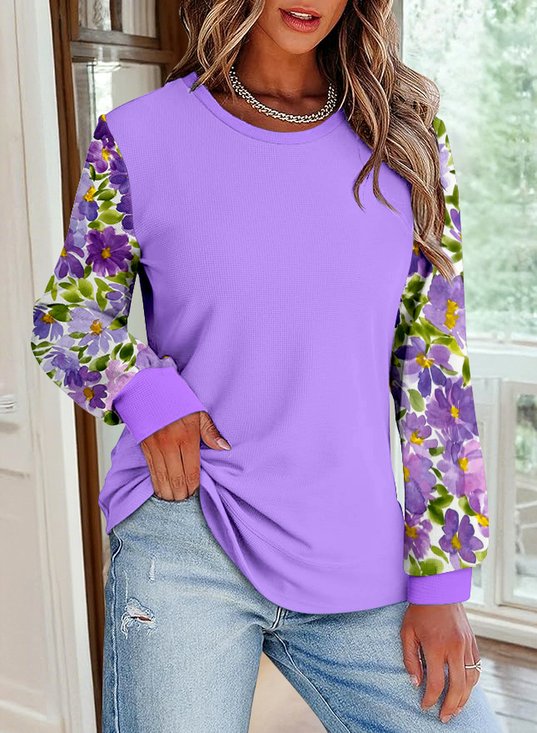 Plant floral print color blocked round neck pullover sweatshirt