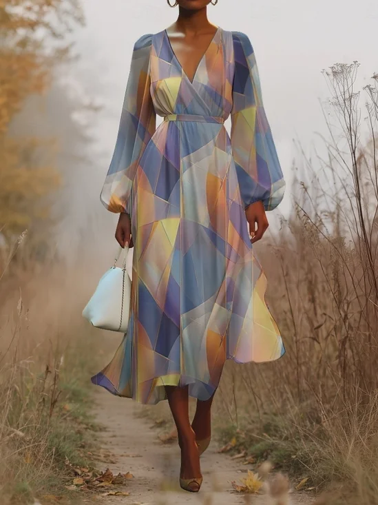 Puff Sleeve Simple Gradient Pattern V Neck Dress