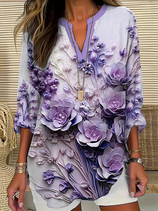Women's Long Sleeve Blouse Spring/Fall Purple Floral Printing Cotton-Blend V Neck Daily Going Out Casual Top