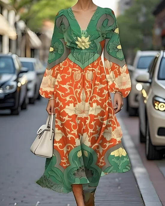 Puff Sleeve Multicolor Block Regular Fit V Neck Sexy Dress