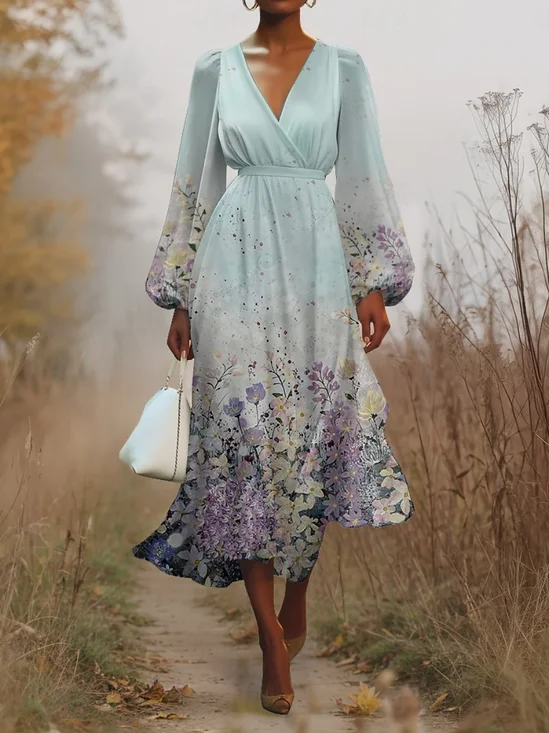 Regular Fit V Neck Puff Sleeve Floral Simple Dress