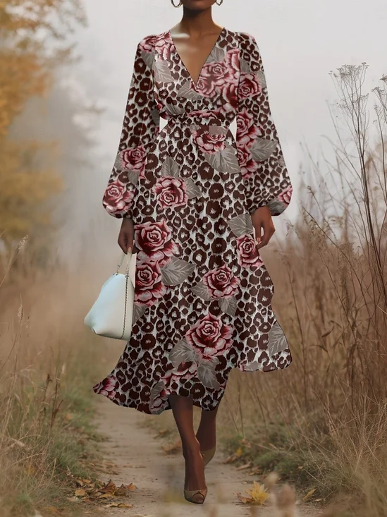 Puff Sleeve Simple V Neck Regular Fit Floral Dress