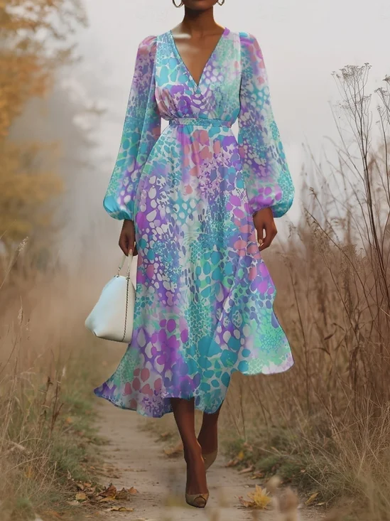 Puff Sleeve Gradient Pattern V Neck Regular Fit Street Dress