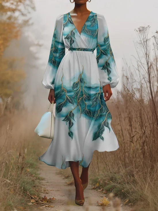Floral Regular Fit Sexy Puff Sleeve V Neck Dress