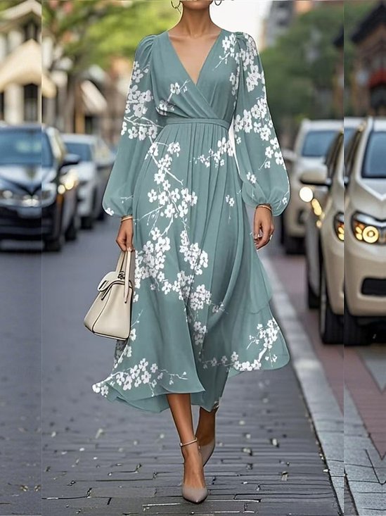 Sexy Regular Fit Puff Sleeve V Neck Dress
