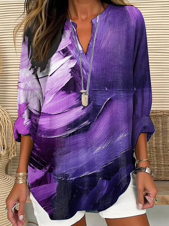Women's Long Sleeve Blouse Spring/Fall Purple Abstract Printing Cotton-Blend V Neck Daily Going Out Casual Top