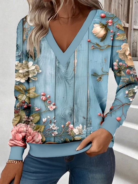 Loose Casual Commuter Long Sleeve V-Neck Printed Sweatshirt