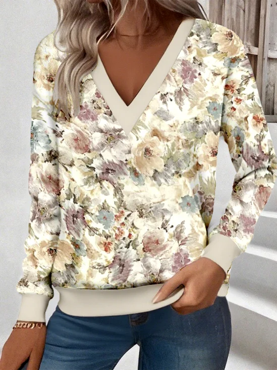 Loose Casual Commuter Long Sleeve V-Neck Printed Sweatshirt