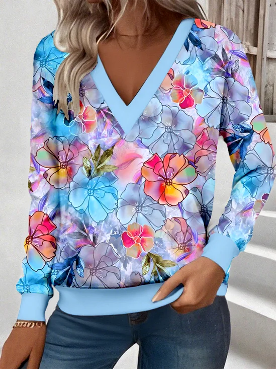 Loose Casual Commuter Long Sleeve V-Neck Printed Sweatshirt