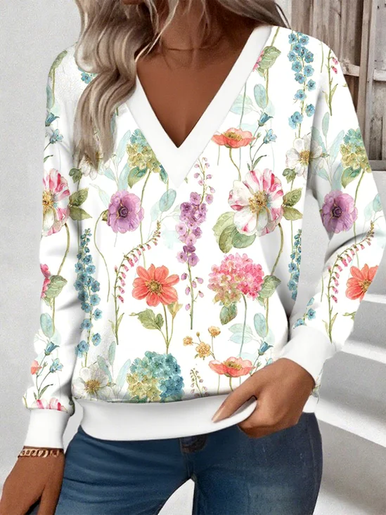 Loose Casual Commuter Long Sleeve V-Neck Printed Sweatshirt