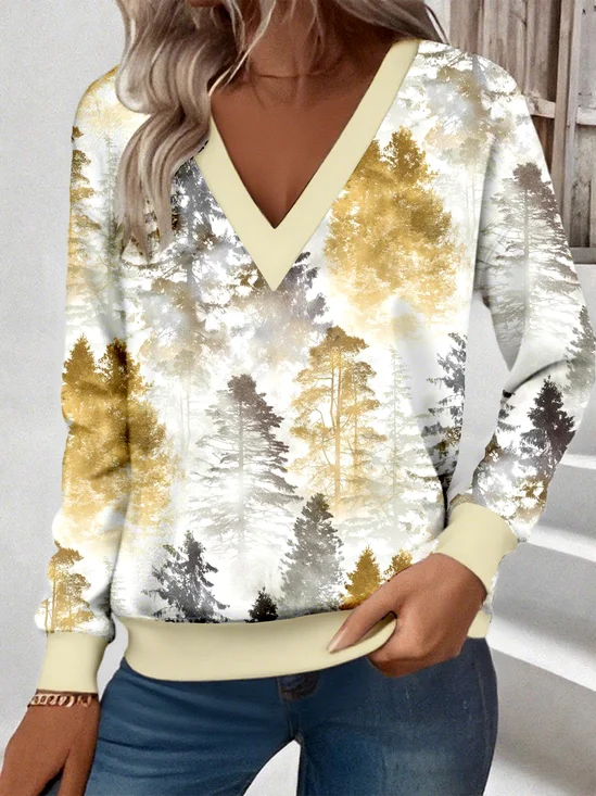Loose Casual Commuter Long Sleeve V-Neck Printed Sweatshirt