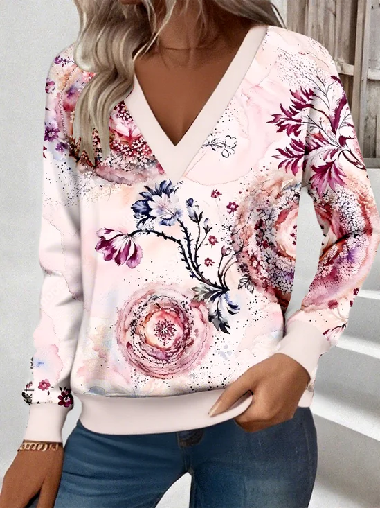 Loose Casual Commuter Long Sleeve V-Neck Printed Sweatshirt