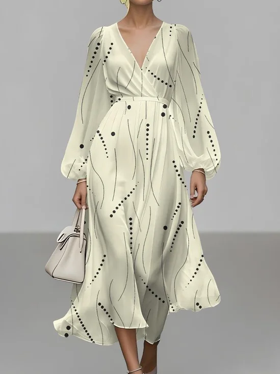 Abstract Polka Dots V Neck Sexy Puff Sleeve Regular Fit Dress