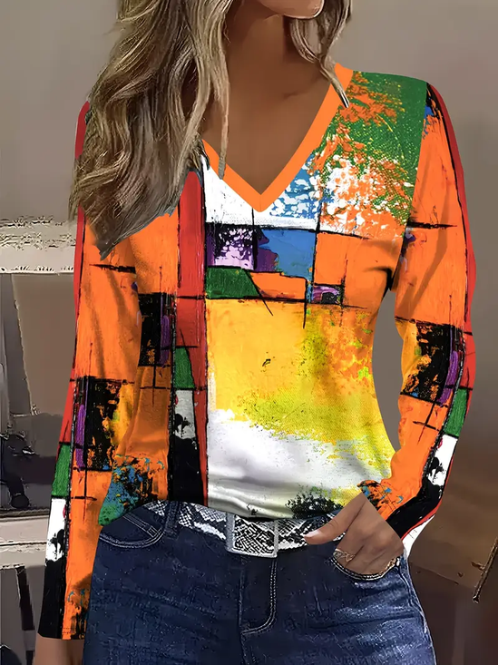 Women's Long Sleeve T-shirt Spring/Fall Orange Abstract Printing Jersey V Neck Daily Going Out Casual Top