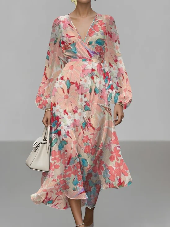 Vacation V Neck Gradient Pattern Puff Sleeve Dress