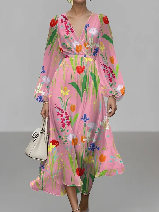Semi Formal Regular Fit Puff Sleeve V Neck Floral Dress