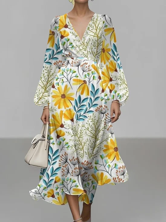Regular Fit Floral Puff Sleeve Street V Neck Dress