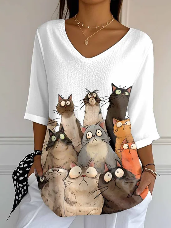Women's Retro Funny Animal Cat Print Mid Sleeve T-Shirt