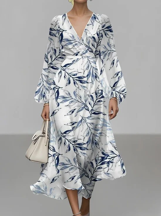 Regular Fit V Neck Puff Sleeve Vacation Dress