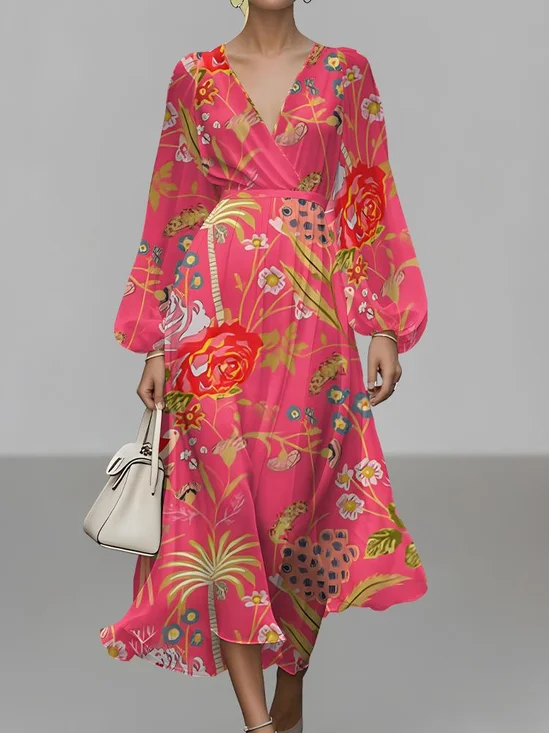 Floral Puff Sleeve V Neck Street Regular Fit Dress
