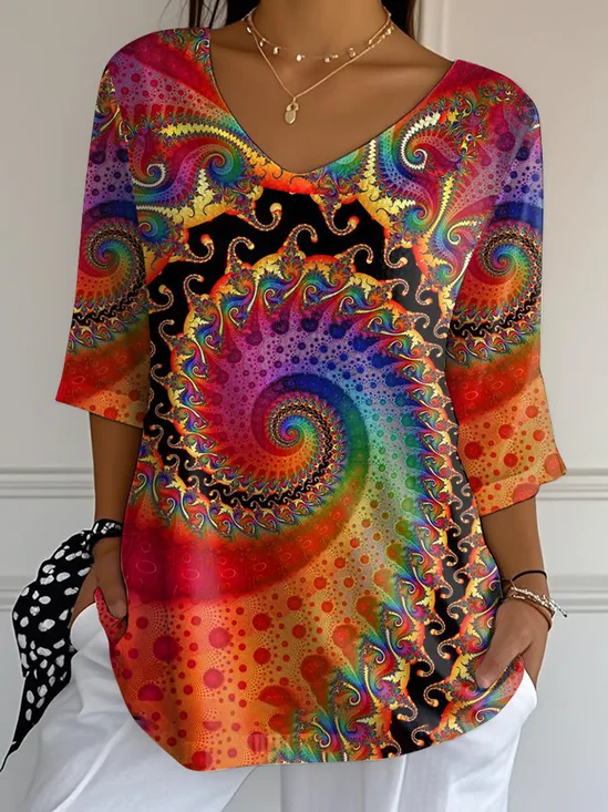 Women's Casual Rainbow Floral Cotton and Linen Bubble Wrinkle Top