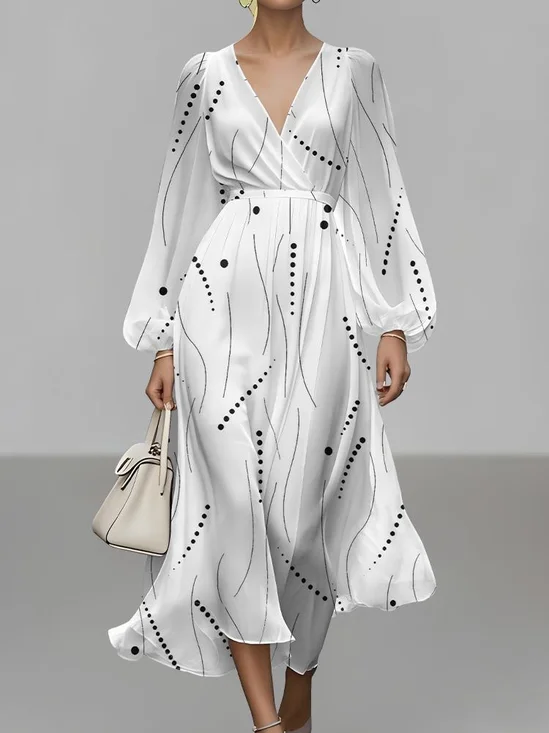 Abstract Polka Dots V Neck Sexy Puff Sleeve Regular Fit Dress