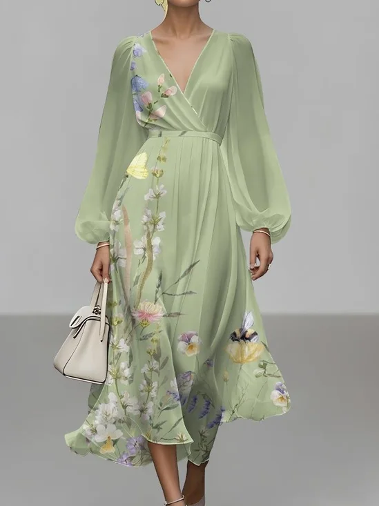 Puff Sleeve Floral Regular Fit V Neck Street Dress