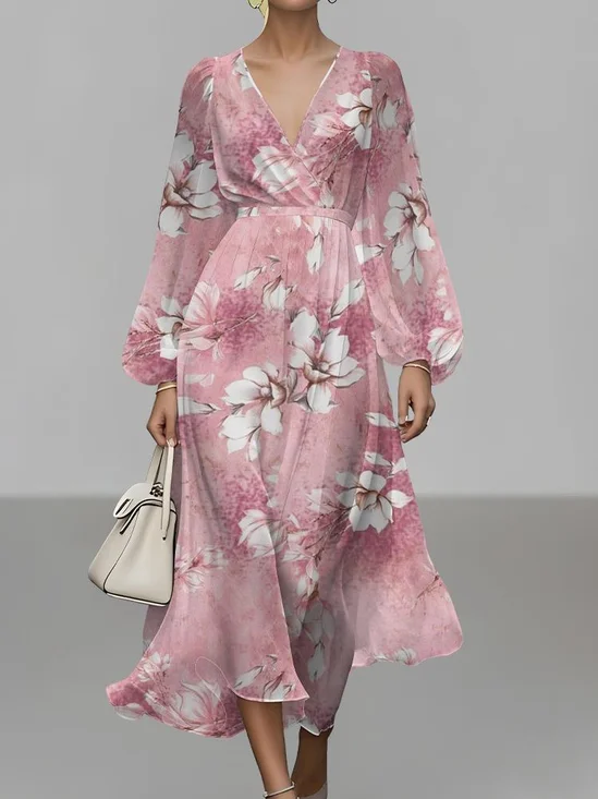 Street V Neck Floral Puff Sleeve Regular Fit Dress