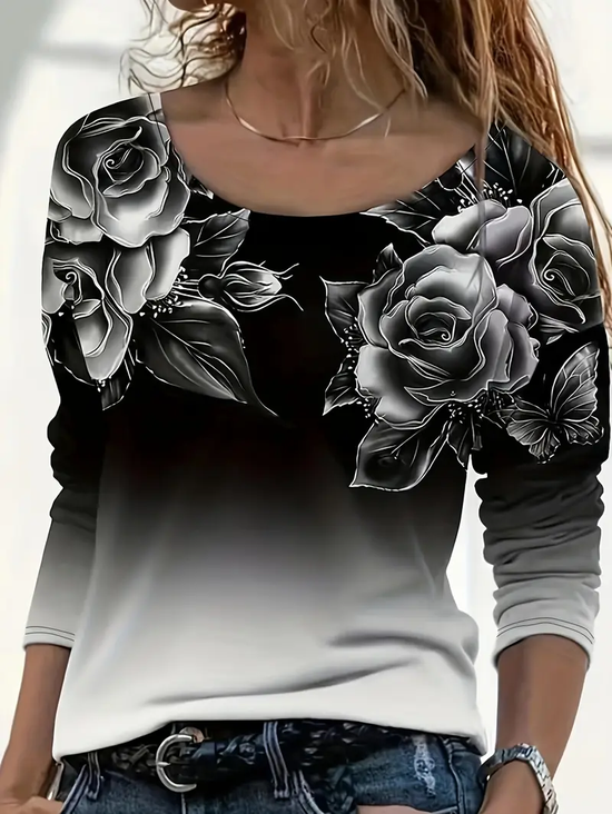 Women's Long Sleeve T-shirt Spring/Fall Black Floral Printing Jersey Crew Neck Daily Going Out Casual Top
