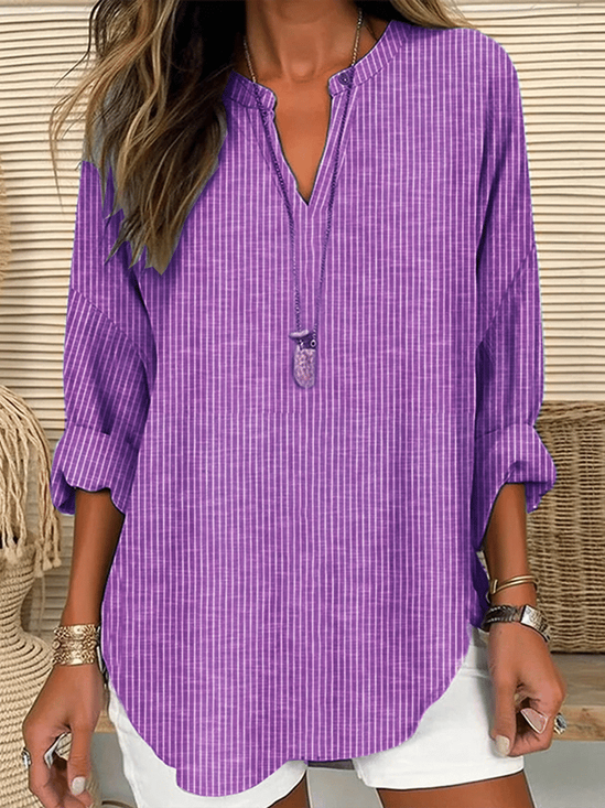 Women's Long Sleeve Blouse Spring/Fall Purple Striped Printing Cotton-Blend V Neck Daily Going Out Casual Top