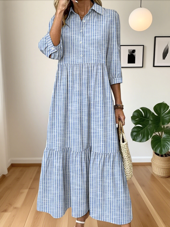 Women Striped Casual Spring/Fall Micro-Elasticity Regular Fit Maxi A-Line Regular No Dresses