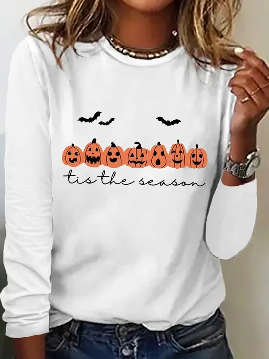 Holiday Round Neck Long Sleeve Halloween Letter Print T-Shirt