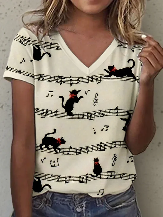 Women's Cat and Music Notes Art Print Vintage T-Shirt