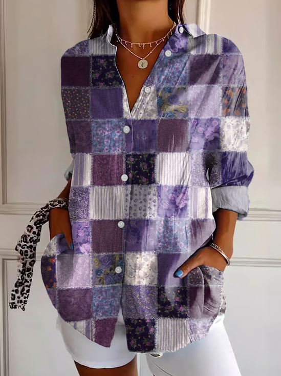 Women's Long Sleeve Shirt Spring/Fall Purple Floral Buckle Shirt Collar Regular Sleeve Daily Going Out Casual Top