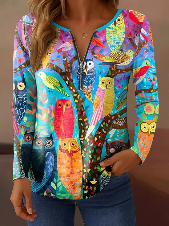 Women's Owl Graphic T-Shirt Elegant Vintage Fashion Long Sleeve V-Neck Regular Top Zipper Print Spring Autumn