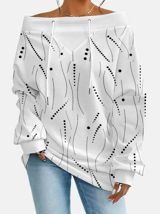 Women's Sweatshirt With Striped Polka Dot Pattern Fashionable And Everyday Off-The-Shoulder Drawstring Top