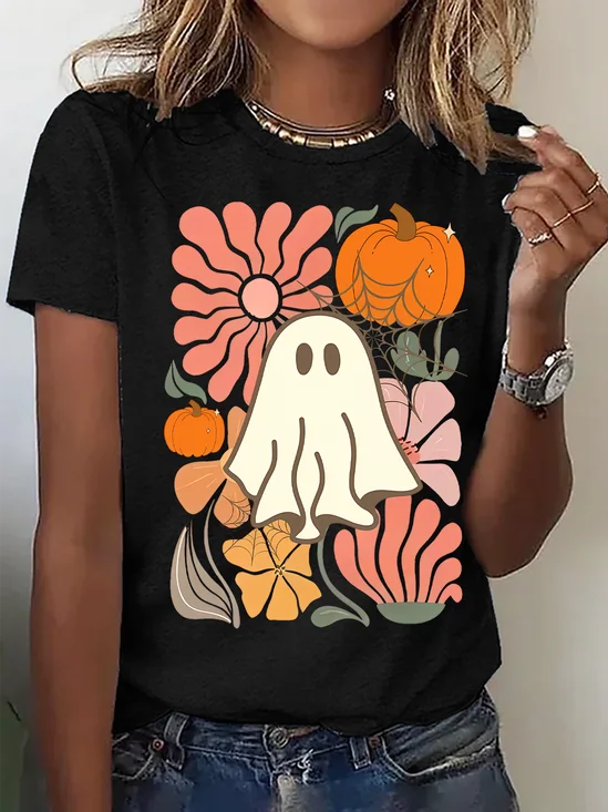 Women's Floral Ghost Halloween，Pumpkin Fall Tee, Boho Spooky Season Shirt