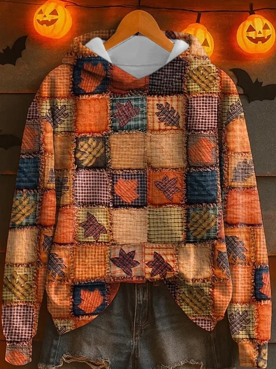 Women's Halloween Autumn Maple Leaf Print Casual Long Sleeve Hooded Sweatshirt