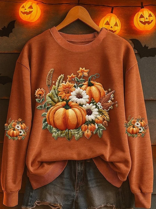 Women's Halloween Print Casual Long Sleeve Crew Neck Sweatshirt
